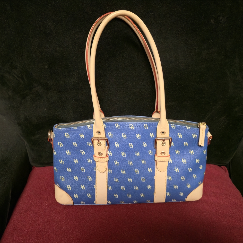 Vintage Dooney and Bourke Blue and Cream Canvas Logo Satchel
